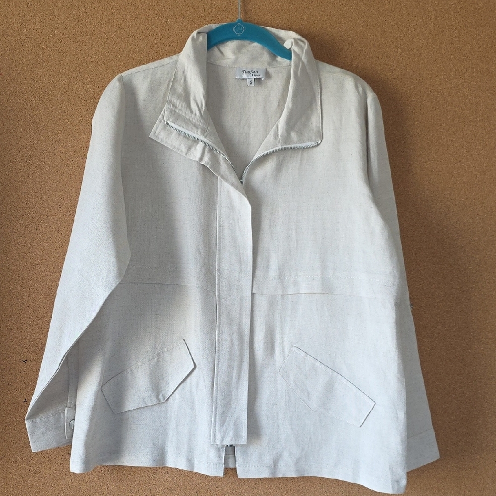 Linen Toofan Cream Utility Zip Up Jacket W Mock Neck Sz S Lightweight Minamalist